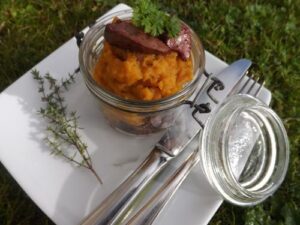 Parmentier de patate douce à la pâte de spéculoos et foies de volailles aux quatre épices