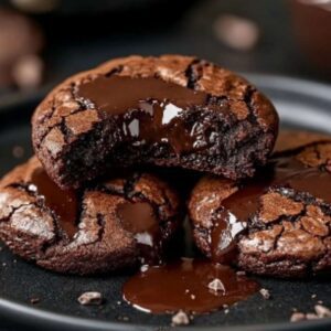 Cookies Brownie Coulants au Chocolat Ingrédients : 1/2 tasse de beurre non salé 340 g de pépites de chocolat mi-sucré 1/2 tasse de sucre en poudre 1/2 tasse de cassonade bien tassée 2 gros œufs 1 cuillère à café dextrait de vanille 1 tasse de farine tout usage 1/4 tasse de poudre de cacao 1 cuillère à café de levure chimique 1/2 cuillère à café de sel Pépites de chocolat supplémentaires pour le cœur fondant Instructions : Préchauffez le four à 177C 350F. Faites fondre ensemble le beurre et les pépites de chocolat ; laissez refroidir légèrement. Fouettez ensemble les sucres, les œufs et la vanille. Incorporez ce mélange à celui de chocolat fondu. Tamisez la farine, le cacao, la levure chimique et le sel, puis ajoutez-les au mélange en pliant pour combiner. Réfrigérez la pâte pendant 15 minutes pour une manipulation plus facile. Formez des boules de pâte, insérez quelques pépites de chocolat supplémentaires au centre de chaque boule, et placez-les sur une plaque de cuisson. Enfournez pendant 10 à 12 minutes, jusquà ce que les sommets soient brillants et craquelés. Laissez refroidir sur la plaque pendant 5 minutes, puis transférez-les sur une grille pour un refroidissement complet. Temps de Préparation : 25 minutes Temps de Cuisson : 12 minutes Temps Total : 37 minutes Calories : 220 kcal par cookie Portions : 18 cookies #RecetteChocolat #Gourmandise #DessertFacile #PatisserieMaison #GateauAuChocolat #Cookies #LavaCookie #PlaisirCoulant #AmourDuChocolat #RecetteDessert #CookiesChocolat #ChocolatMaison #BrownieCookie #RecetteFacile #ChocolatFondeur #PlaisirGourmand #ChocolatCoulant #CookiesGourmands #CuisinerAvecAmour #Chocolat