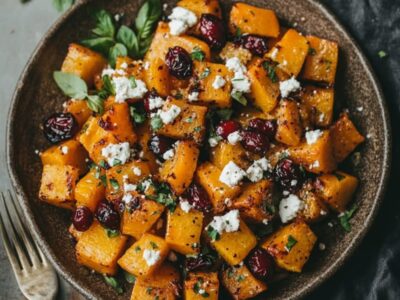 Découvrez l’Irrésistible Recette de Courge Butternut Rôtie au Miel, Canneberges et Feta pour un Régal Automnal!