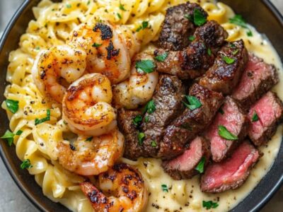 Recette irrésistible : Pâtes Alfredo aux crevettes et au steak cajun pour un dîner savoureux en 40 minutes