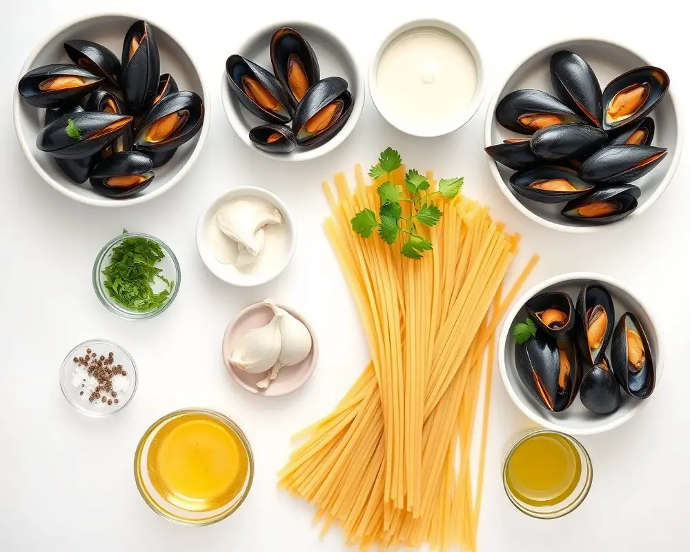 ingredients-de-la-recette-spaghetti-moules-creme