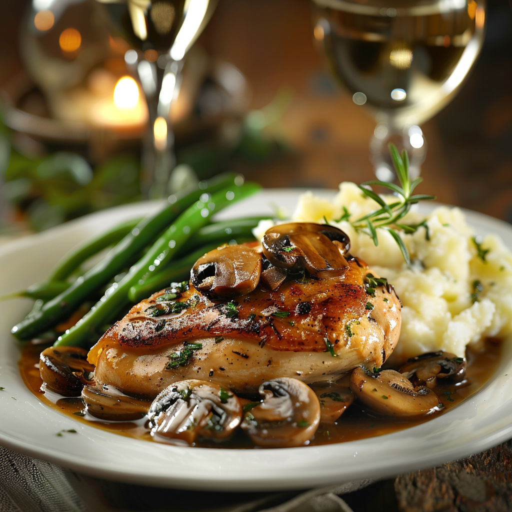 Poulet aux champignons et vin blanc