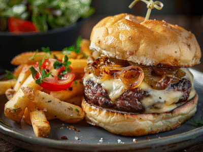 Burger à la raclette et oignons caramélisés : Recette savoureuse et facile